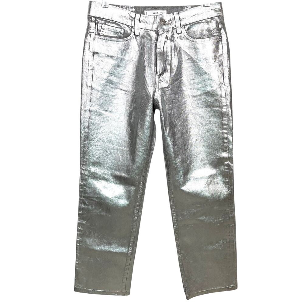 Mango MNG Shimmer Silver Metallic Coated Jeans 100% Cotton 5 Pocket Size 4